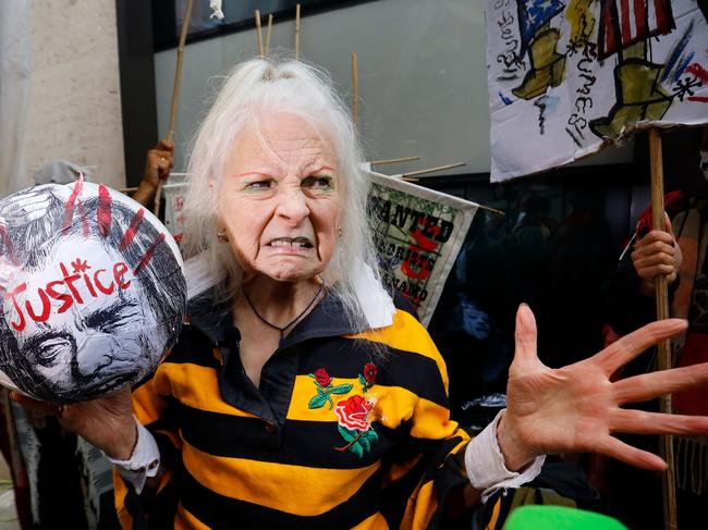 British designer Vivienne Westwood reacts outside of the Old Bailey court. Picture: AFP