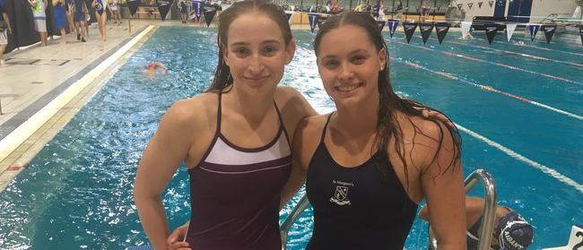 Mollie O'Callaghan and Tahlia Thornton at the QGSSSA swim meet.