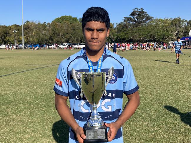 Under-16 Helensvale Hogs Blue player Junior Siaunuua after his side's under-16 GCDRU grand final win. Picture: Mitch Bourke.