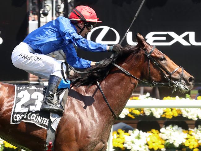 Kerrin McEvoy steers Cross Counter to victory in the Melbourne Cup. Picture: Alex Coppel