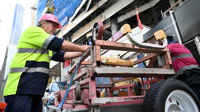 Sub-contractors and tradesmen walked off the 443 Queens Street construction site in Brisbane's CBD after building giant Probuild hit the skids. Picture: NCA NewsWire / Dan Peled.