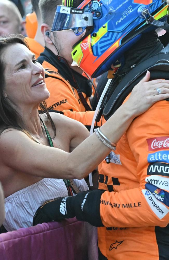Nicole Piastri celebrates with her son after he won the Formula One Azerbaijan Grand Prix last September. Picture: Andrej Isakovic