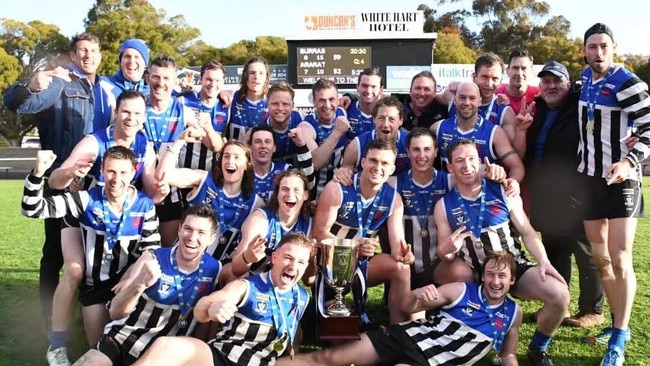 Minyip Murtoa celebrate last year's premiership in the Wimmera Football League. Picture: Riley Keel Photography.