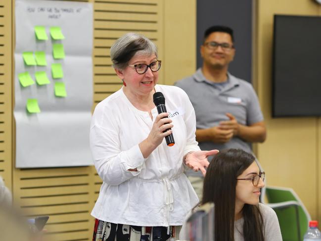 Pam Batkin, the chief executive of Woodville Alliance, addresses about 100 forum attendees. Pic: Fairfield Community Action Group on Gambling Harm