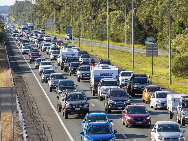 Traffic heading from the Sunshine Coast along the Bruce Highway through Burpengary Sunday afternoon. Picture: Richard Walker