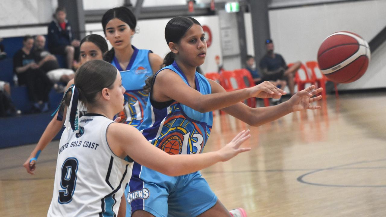 Action from the Basketball Queensland under-14 girls state championships at Bravus Arena in Rockhampton on July 1, 2024.