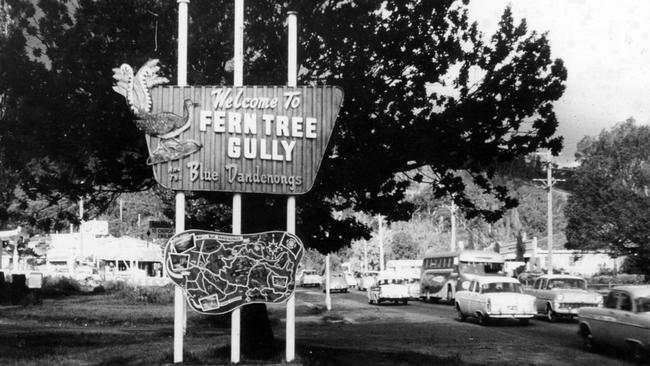 The Ferntree Gully welcome sign was installed to coincide with the 1956 Melbourne Olympics. The original sign was replaced with a replica in 2014 after it became decayed. Photo: Knox Historical Society