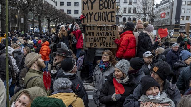 Nearly 3,000 people gather on Sergels Torg in Stockholm to demonstrate against the country’s vaccine passes on January 22. Picture: Jonas Gratzer/Getty Images