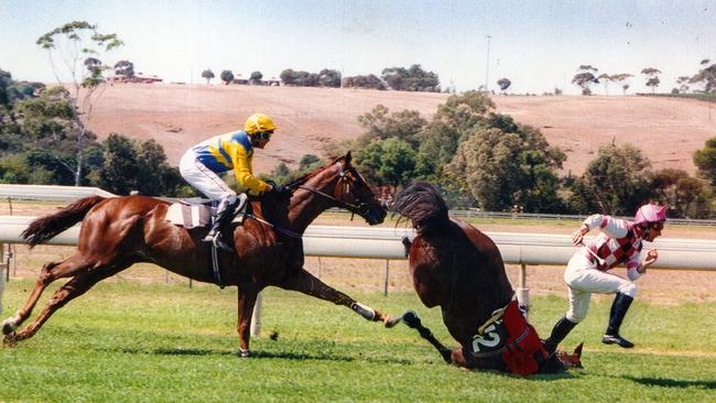 Jockey Simon Ryan runs from racehorse Riviera Red after a fall, while Malcolm Viant on Fireburst prepares for evasive action during an Oakbank jumps race in 1995. This photograph won Advertiser photographer Martin Jacka a Walkley Award.