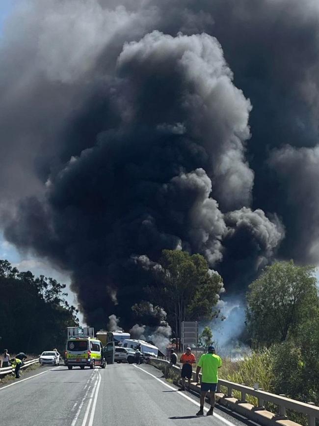 BAJOOL – Paramedics are on the scene of a serious multi-vehicle crash on the Bruce Highway that occurred at 11.25am., Multiple patients are being assessed in various conditions at this time and a rescue helicopter is on scene. The Bruce Highway is closed and there are a number of fires in the area as a result of the crash. Picture: Supplied