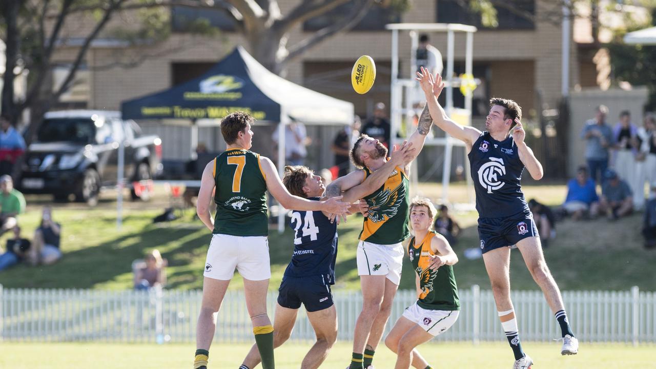 Competing for possession are (from left) William Rogers, Lachlan Davies, Tyson Hagiel, Matthew Dykes and David Oakley as Goondiwindi Hawks take on Coolaroo in AFL Darling Downs Allied Cup senior men grand final at Rockville Park, Saturday, September 2, 2023. Picture: Kevin Farmer