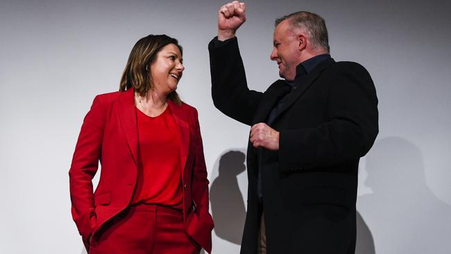 Labor candidate for the seat of Eden-Monaro Kristy McBain, left, and Opposition Leader Anthony Albanese in Merimbula, NSW. Picture: AAP