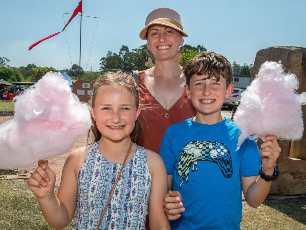 (From left) Ivy, Cathryn and Elijah Owen at the Murphys Creek Chilli and Craft carnival. Sunday, September 22, 2024. Picture: Nev Madsen