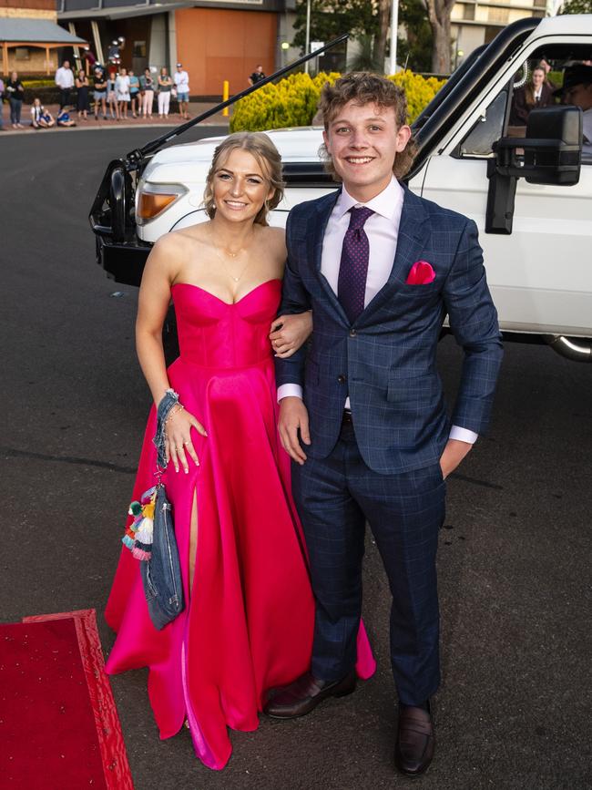 Dakota Wadsworth and Riley Weiss arrive at Harristown State High School formal at Highfields Cultural Centre, Friday, November 18, 2022. Picture: Kevin Farmer