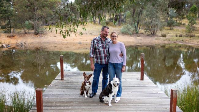 Victorian Premier Jacinta Allan at home with husband Yorick Piper and dogs Mindi and Maximus on their property outside Bendigo. Picture: Mark Stewart