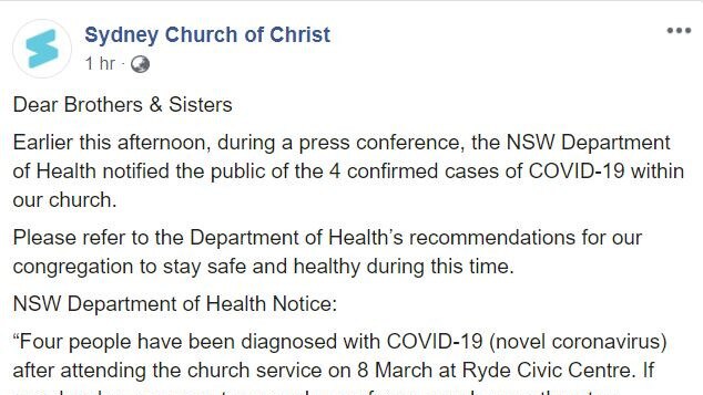 People who attended a Sydney Church of Christ service at Ryde Civic Centre on March 8 have been asked to look out for coronavirus symptoms after nine people tested positive to COVID-19.