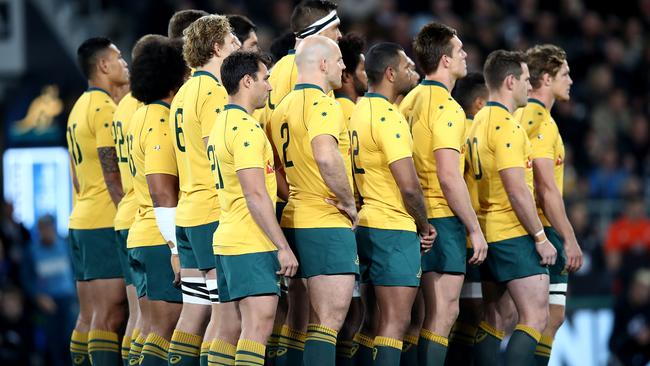 The Wallabies stand and watch the Haka before The Rugby Championship Bledisloe Cup match between the New Zealand All Blacks and the Australia Wallabies in Dunedin, New Zealand. Picture: Getty