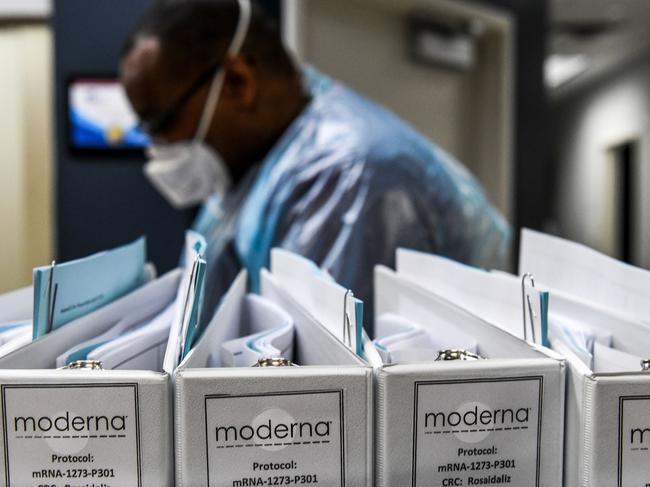 Protocol files for COVID-19 vaccinations are seen at the Research Centers of America in Hollywood, Florida. Picture: AFP