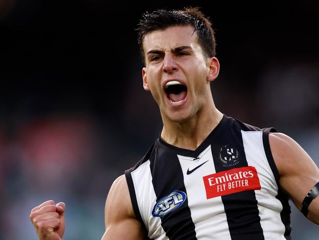 MELBOURNE, AUSTRALIA - AUG 17: Nick Daicos of the Magpies celebrates a goal during the 2024 AFL Round 23 match between the Collingwood Magpies and the Brisbane Lions at The Melbourne Cricket Ground on August 17, 2024 in Melbourne, Australia. (Photo by Michael Willson/AFL Photos via Getty Images)