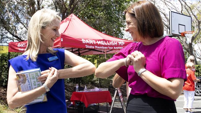 Queensland LNP opposition Leader Deb Frecklington visits a pre-polling booth in the seat of Aspley with LNP candidate Amanda Cooper. NCA NewsWire / Sarah Marshall