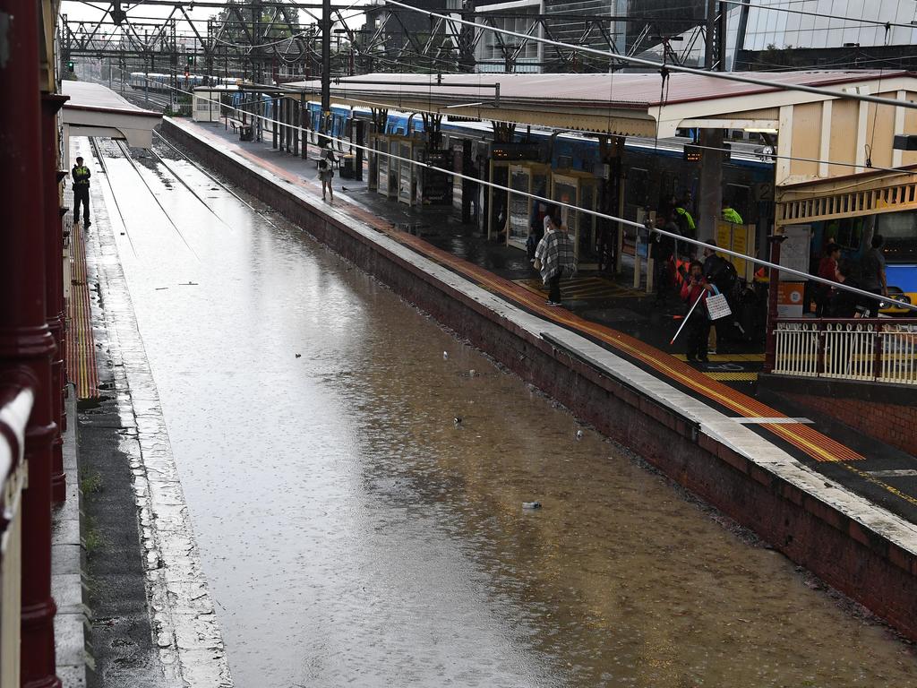 No trains running there! South Yarra train station flooded in Melbourne. Picture: Julian Smith