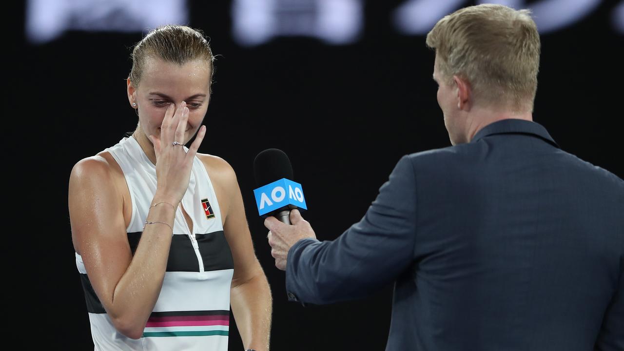 Petra Kvitova was emotional when asked about her comeback from a home invasion stabbing. (Photo by Mark Kolbe/Getty Images)