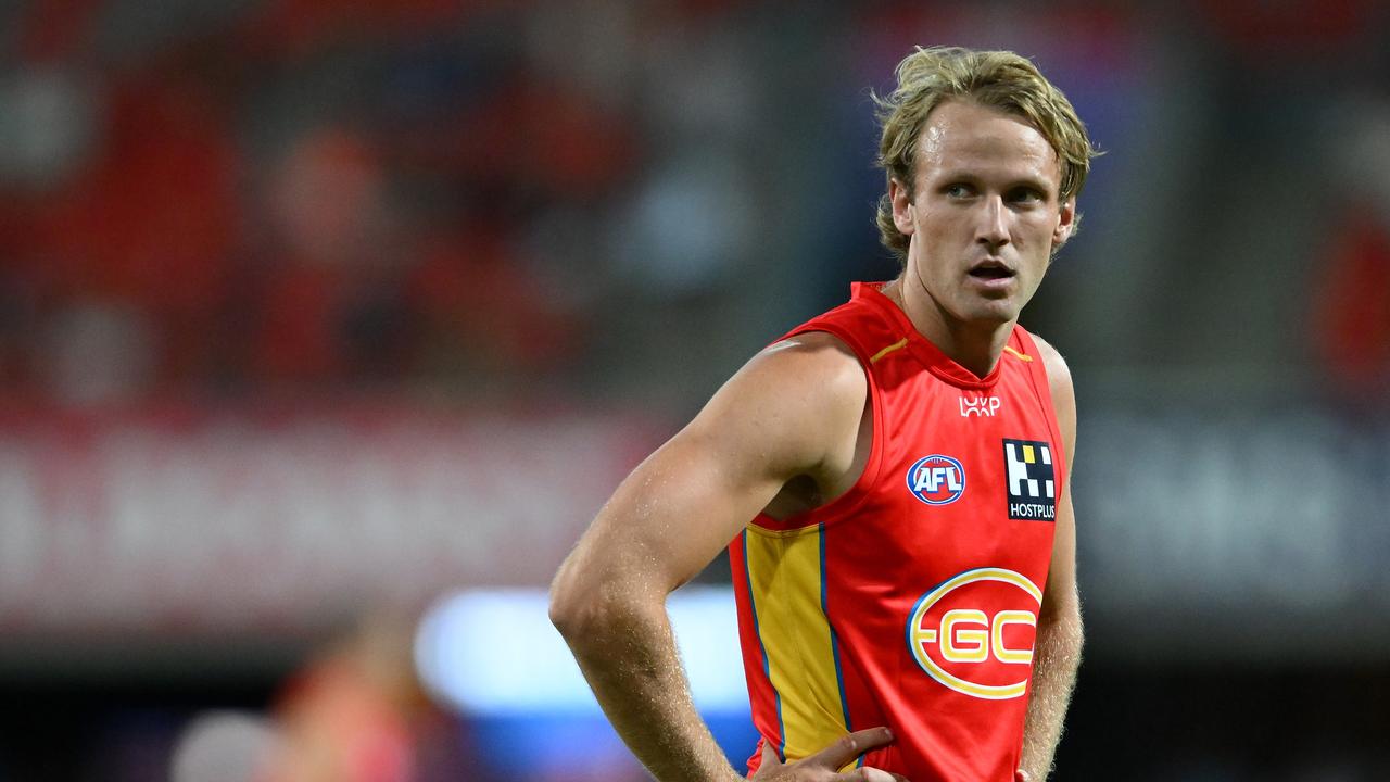 GOLD COAST, AUSTRALIA - APRIL 13: Jack Lukosius of the Suns warms up prior to the round five AFL match between Gold Coast Suns and Hawthorn Hawks at People First Stadium, on April 13, 2024, in Gold Coast, Australia. (Photo by Matt Roberts/AFL Photos/via Getty Images )