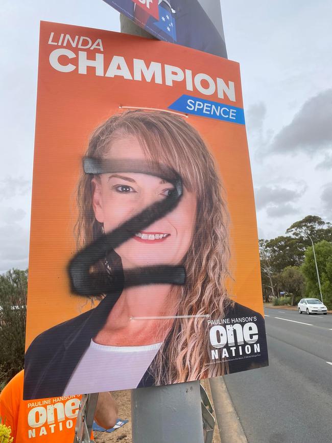 A vandalised campaign sign of Spence One Nation candidate Linda Champion which she says could relate to Nazism. Pictures: Supplied