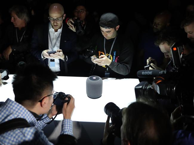 A prototype of Apple's new HomePod is displayed during the 2017 Apple Worldwide Developer Conference at the San Jose Convention Center. Picture: Justin Sullivan/Getty Images/AFP