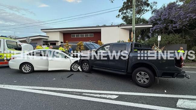 The scene after Brisbane Broncos player Ezra Mam was involved in a two-vehicle traffic crash at Bardon, in 2024. Photo: 9 News.