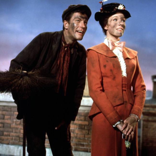 Dick Van Dyke and Julie Andrews in scene from Mary Poppins.