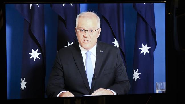 Prime Minister Scott Morrison addresses an offensive Chinese government tweet during a virtual press conference from his quarantined accommodation at the Lodge in Canberra. Picture: NCA NewsWire / Gary Ramage