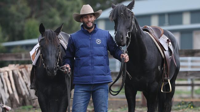 Josh Gibson with his horse Mobile Price Tag (left) and his mates horse Gooderah Sawyers Legend (right). Picture: Michael Klein