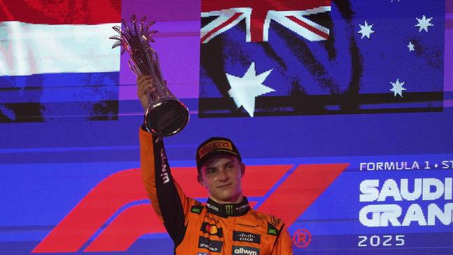 Oscar Piastri celebrates winning the Saudi Arabian Grand Prix.