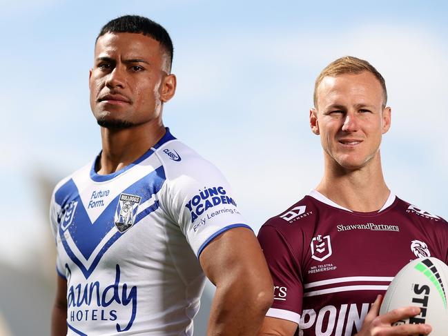 SYDNEY, AUSTRALIA - SEPTEMBER 09: (L-R) Stephen Crichton of the Canterbury-Bankstown Bulldogs and Daly Cherry-Evans of the Manly-Warringah Sea Eagles pose during the 2024 NRL Telstra Premiership Finals Series Launch at Hickson Reserve on September 09, 2024 in Sydney, Australia. (Photo by Mark Metcalfe/Getty Images)