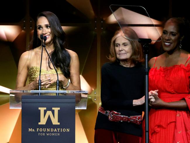 The Duchess of Sussex speaks on stage with Gloria Steinem and Teresa Younger during the Ms. Foundation Women of Vision Awards. Picture: Getty Images Ms. Foundation for Women