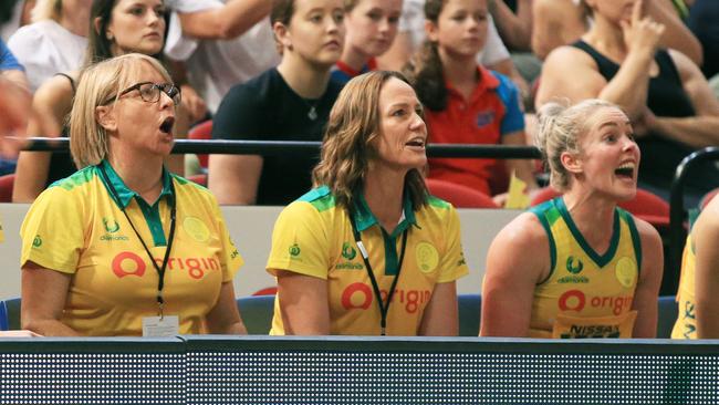 Outgoing Diamonds coach Lisa Alexander, left, watches on during the bushfire relief charity match against the Super Netball All-Stars at Qudos Bank Arena. Picture: AAP