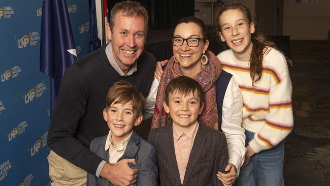 LNP member for Groom, Garth Hamilton celebrates with wife Louise and children (from left) Claude, Everard and Adeline Hamilton. Election party at City Golf Club. Saturday, May 21, 2022. Picture: Nev Madsen.