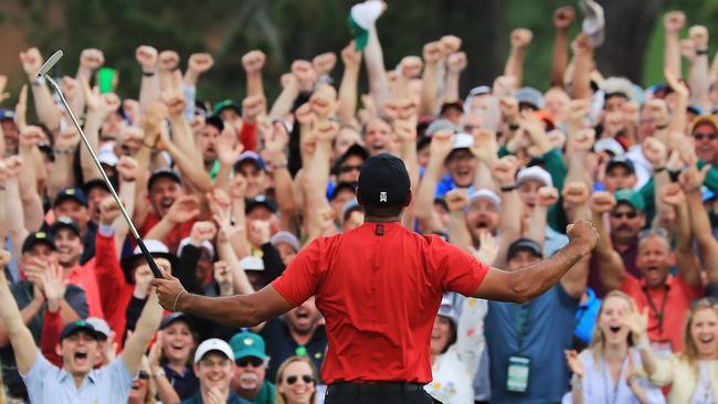 Tiger Woods celebrates after his comeback triumph at the US Masters.