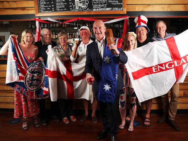 Premier Peter Gutwein with English fans, from left, Jo Fisher, Gordon Howarth, Pat Howarth, Phil Adamson, Anne Kerr, Steve Hayes and Geoff Logan. Picture Nikki Davis-Jones