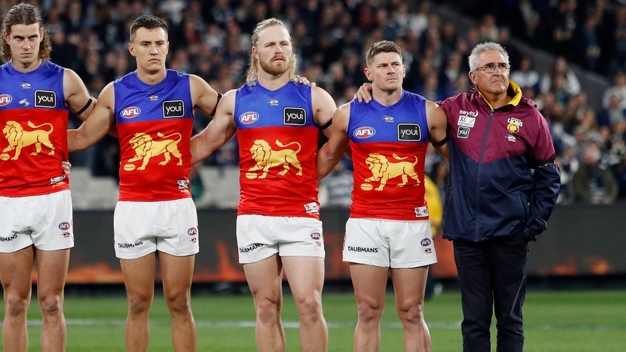 Dayne Zorko (second from right) has thrown his support behind embattled coach Chris Fagan. Picture: Dylan Burns/AFL Photos via Getty Images