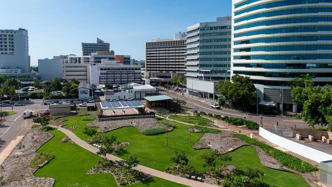 The view from the 5th floor of Parliament House, Darwin, including views of the Deck Chair Cinema, the Esplanade and the new State Square development. Picture: Che Chorley