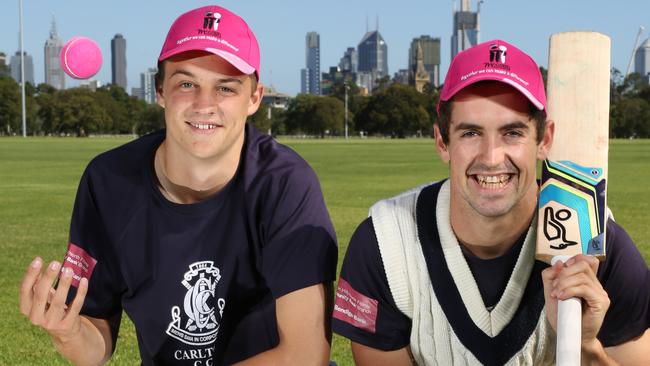 Xavier Crone (pictured left) with Carlton captain Lachie McKenna. Picture: Stuart Milligan.