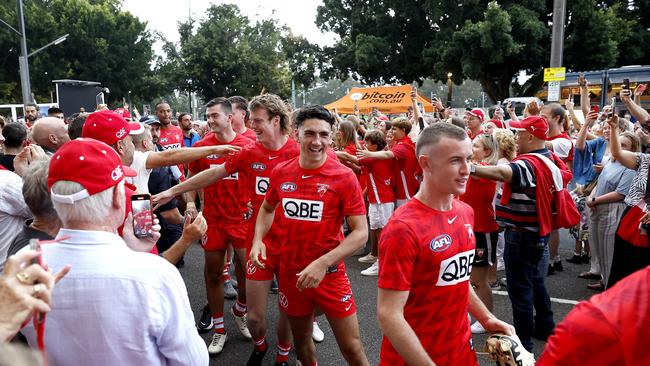 The Swans may continue to enter the SCG from outside the ground ahead of their pre-match warm-up after fans loved the concept in opening round. Picture: Phil Hillyard