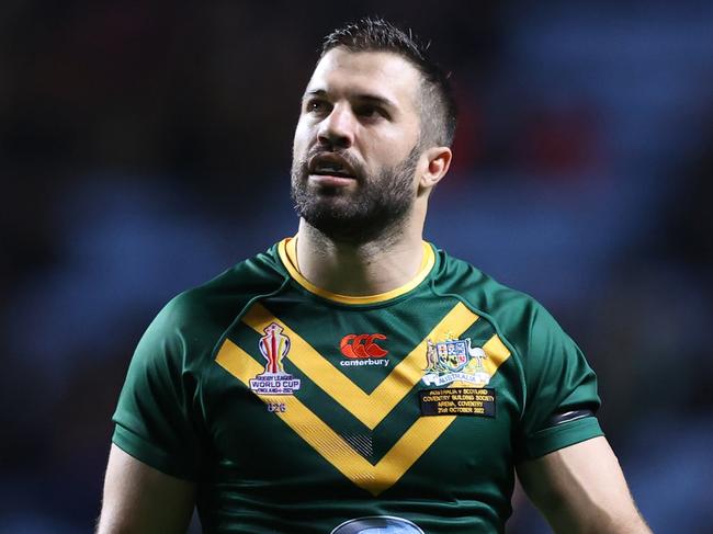 COVENTRY, ENGLAND - OCTOBER 21: James Tedesco of Australia looks on during the Rugby League World Cup 2021 Pool B match between Australia and Scotland at The Coventry Building Society Arena on October 21, 2022 in Coventry, England. (Photo by Naomi Baker/Getty Images)