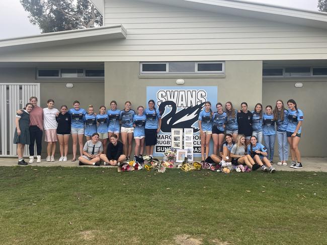 The Maroochydore Swans under-15s girls gathered to mourn late player Saxony Walker. Picture: Contributed