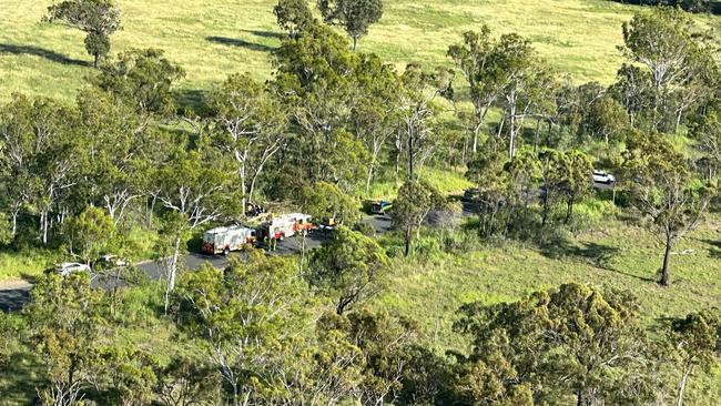 CapRescue flies over an accident at Greenlake Rd, Sandringham near Rockhampton where a young man's car has rolled and collided with a tree on February 27, 2025, leaving him with life-threatening injuries.