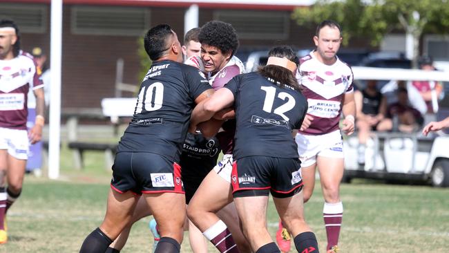 Action shots of the Burleigh Bears taking on Mudgeeraba Redbacks at Pizzey Park. Aston Bai tackled. 21 August Miami Picture by Richard Gosling