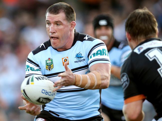 Shark's Paul Gallen during the round 5 NRL game between the Wests Tigers and the Cronulla Sharks at Campbelltown Stadium . Picture Gregg Porteous