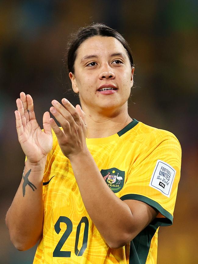 Sam Kerr applauds fans. (Photo by Brendon Thorne/Getty Images )